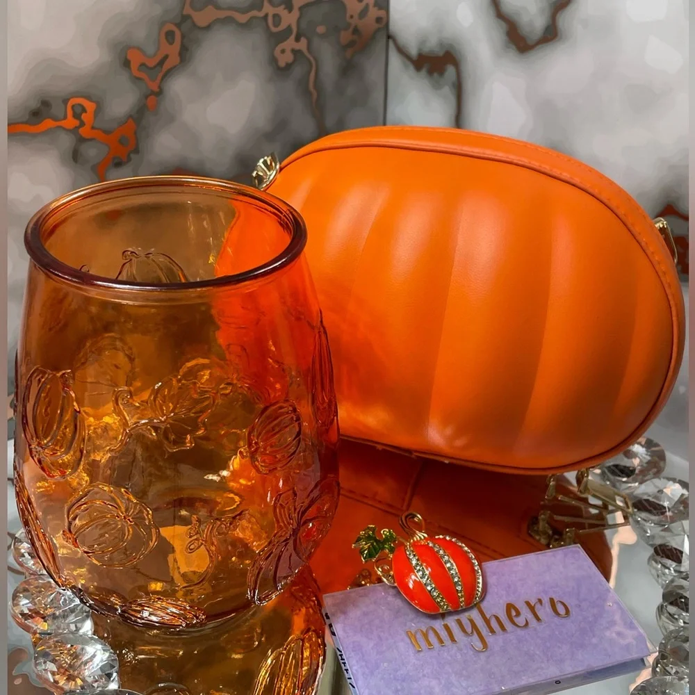 NEW 4pc pumpkin themed bundle with orange wine glass, crossbody, dust bag & pin - Picture 16 of 16